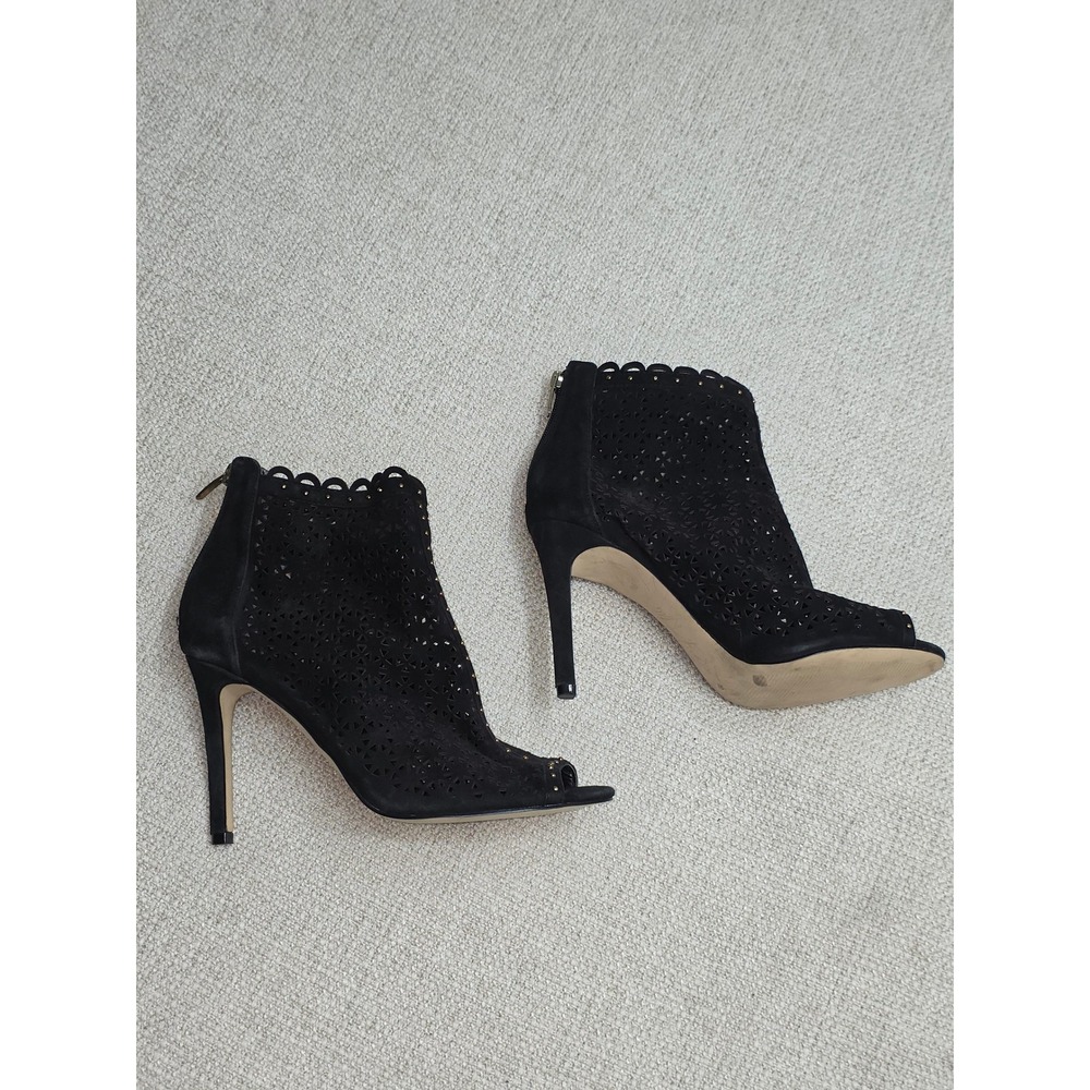 Marc Fisher Black Suede Laser Cut Peep Toe Studded Stiletto Booties Womens 9M